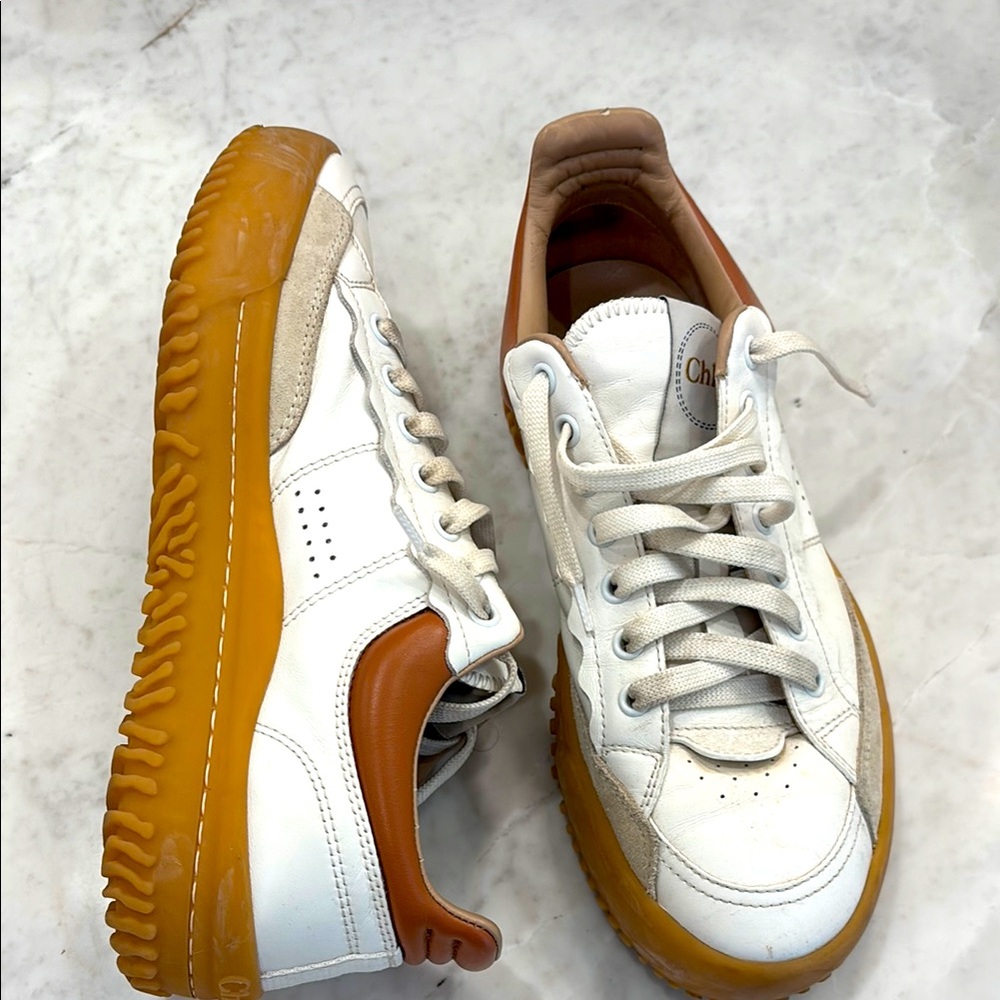 Chloe White and Tan Sneakers with Platform Sole